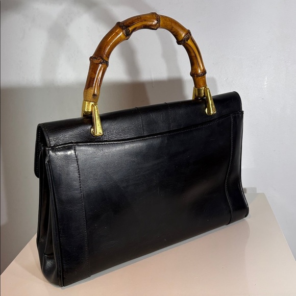 GINZA Kanematsu Handbag black leather bamboo style handle vintage - Picture 6 of 15